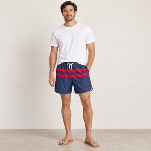 Fair Harbor Swim Trunks Mens M Navy Red Stripe Lined 8" Inseam Nautical